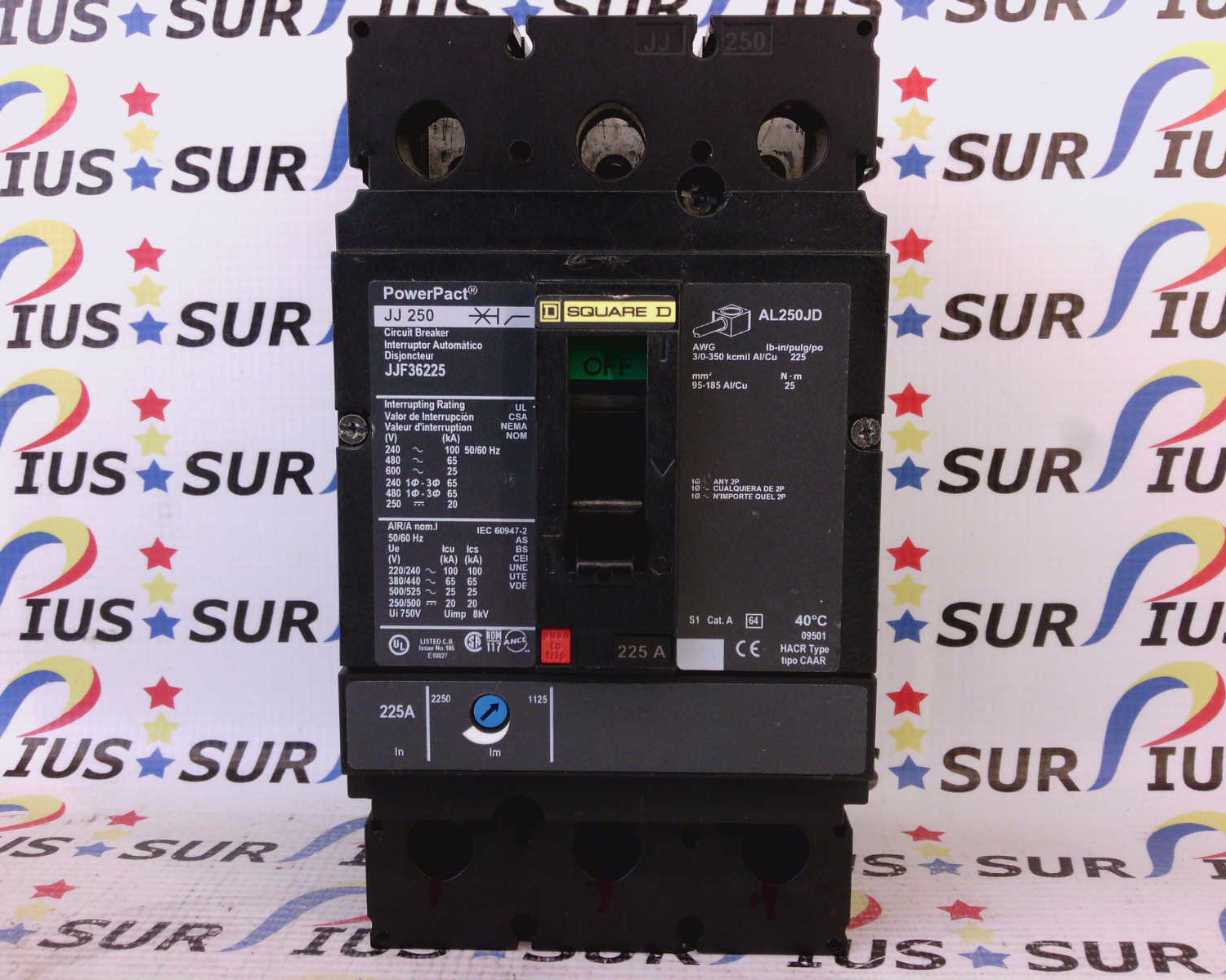 Square D PowerPact JJ 250 JJF36225 Circuit Breaker 3 Pole 225A