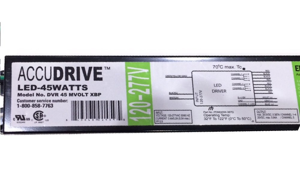 ACCUDRIVE ELECTRONIC LED DRIVER 120/277 VOLTS 18 WATTS OUTPUT 27 VOLTS 