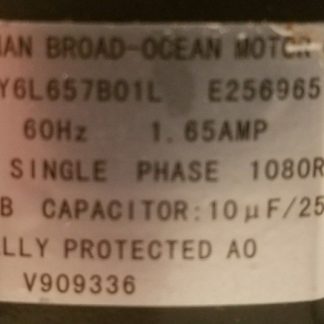 Zhongshan Broad-Ocean Motor Y6L657B01L E256965 120V 60Hz 1.65A 1/9HP 1PH 1080RPM