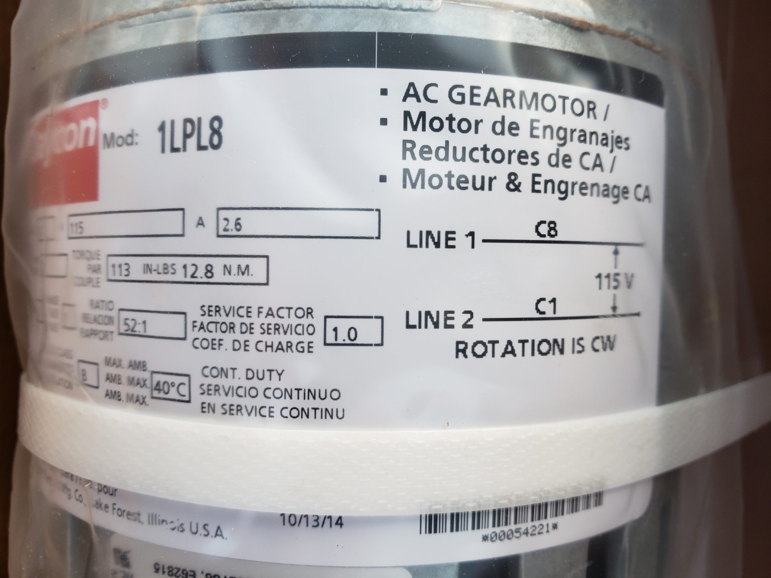 Dayton 1LPN3 AC Gearmotor 115V 13 RPM 113 In-lb Torque – Brand New